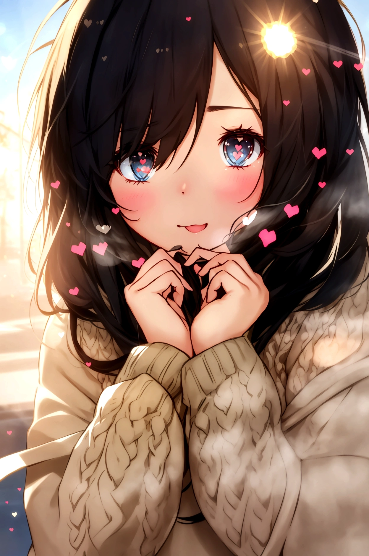 With a girl, Black Hair, Wear a cozy sweater, Upper Body, (lol:1.1),lol顔, (With eyes wide open:1.2), Sun glare, Bokeh, Written boundary depth, Blurred Background, Particles of light, Strong winds, (Heart Particles:1.1), 4K