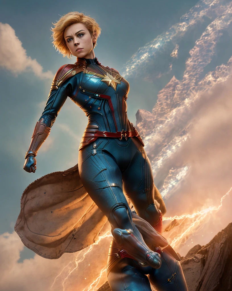 full body shot of kathwin:1,side lighting,(short pixie hair:1.3),rim lighting on hair, shallow sharp depth of field, feminine heroic,(curvy:1.4), (highly detailed), (Award winning), (Masterpiece), movie still, (HDR), (8k wallpaper),captain marvel suit,flying,sky background,female focus 