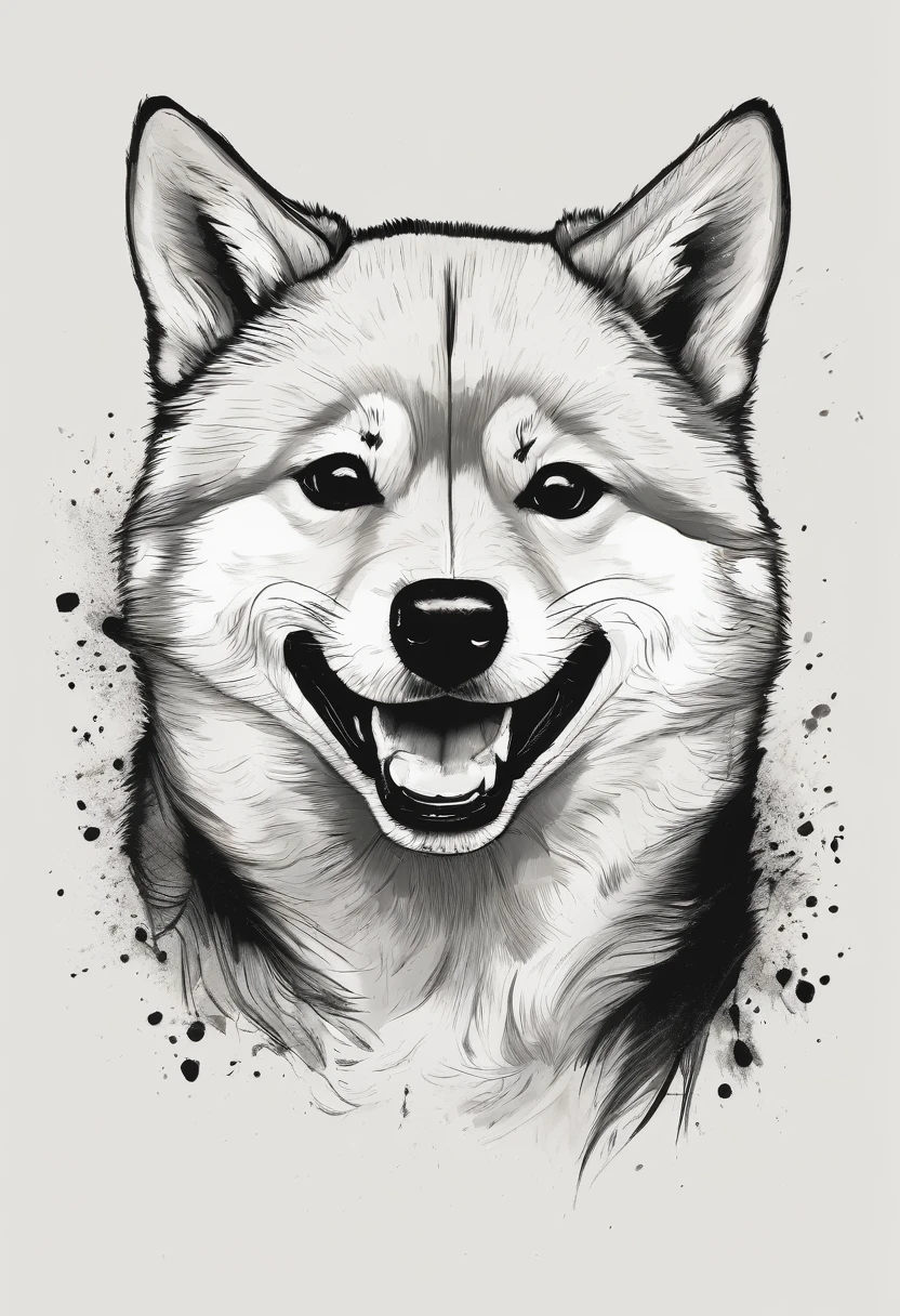 "Dynamic ink brushstroke style, black and white only: illustration by a professional illustrator, featuring a cute wolf pup or Shiba dog in an action shot with a happy and joyful expression. The illustration should have high detail and be set against a white background, showcasing a Shiba dog with blue eyes. The depiction should include realistic fur texture and a surreal expression. The design is meant for an icon and should incorporate an artistic circle motif. The Shiba Inu's whiskers should be distinct and accurately depicted, emphasizing a traditional Japanese aesthetic."
