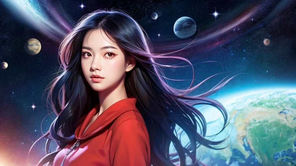 Asian girl in alien space between the North Star and the Big Dipper、Realistic anime illustrations、Long black hair、Red Eyes、Full body red dress