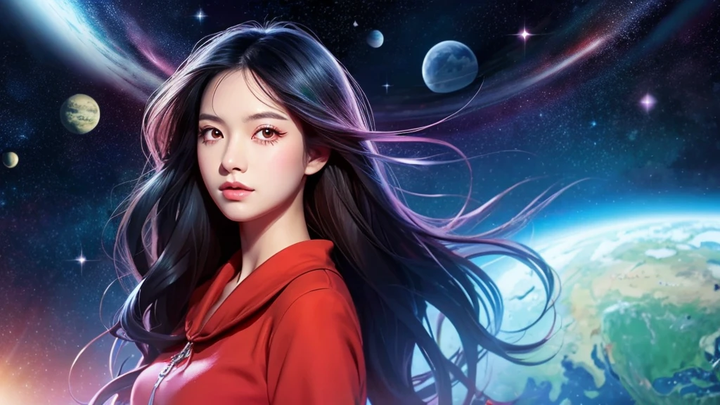 Asian girl in alien space between the North Star and the Big Dipper、Realistic anime illustrations、Long black hair、Red Eyes、Full body red dress