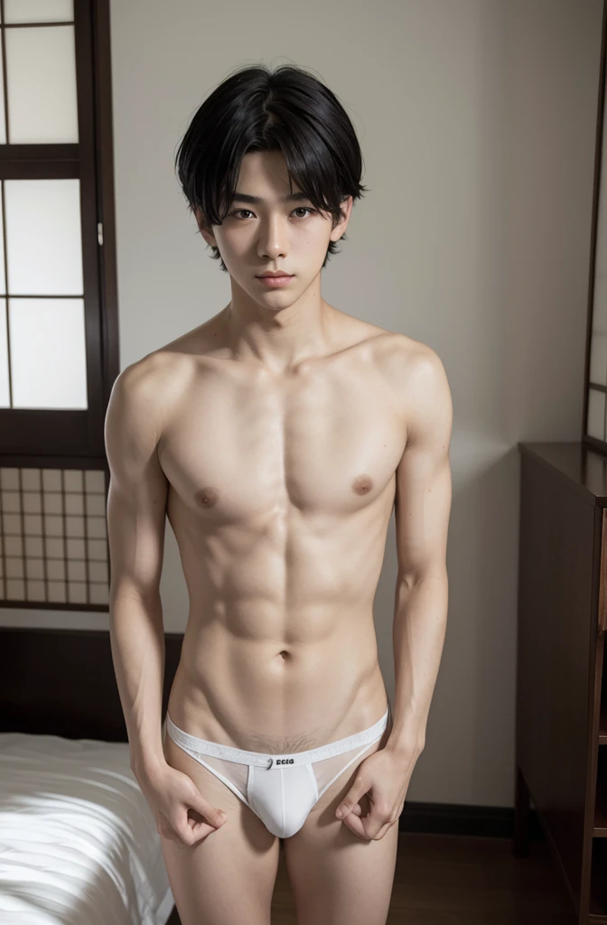 18-year-old boy, Upper body naked, White underwear ,Smooth skin Japanese style room, Black Hair, Thin、Beautiful Boy、Japanese、Dark Eyes、whole body