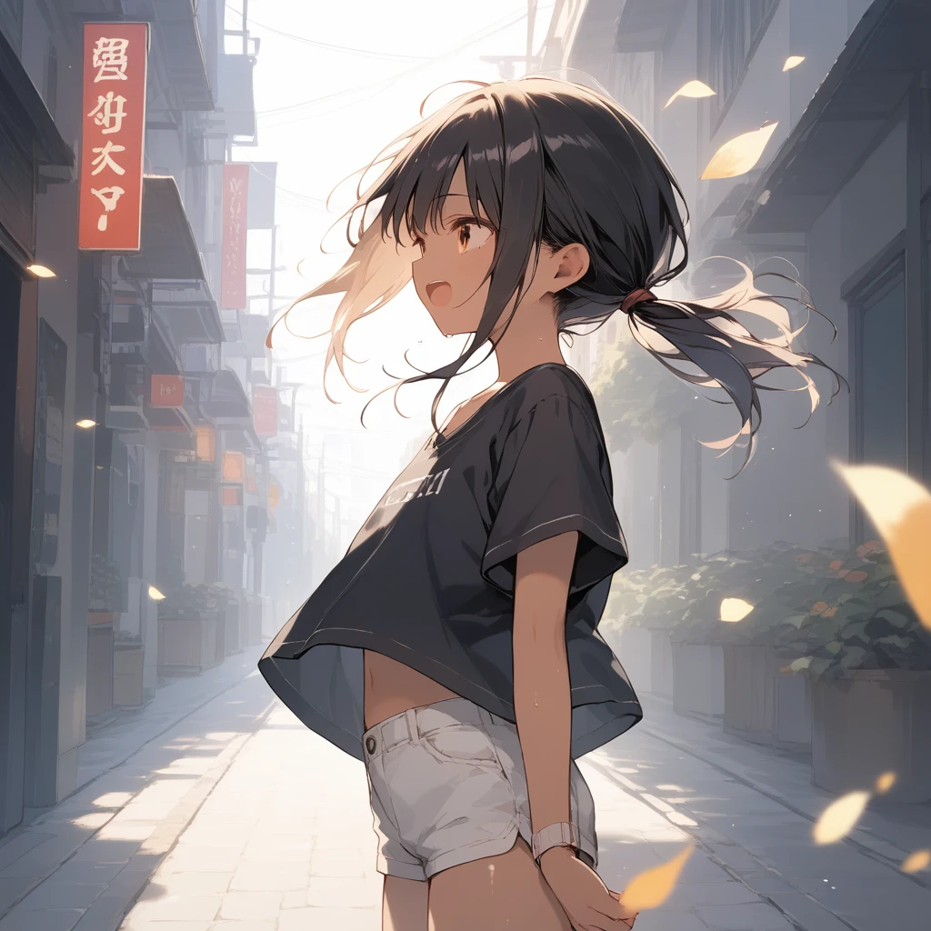 score_9, score_8_up, score_7_up, source_anime, best quality, masterpiece, official art, absurdres, highres, ultra-detailed,waifu2x,Collection: Slice of Life,break,1girl, tomboy, dark-skinned female, short hair, low ponytail, flat chest, beautiful detailed eyes, short shorts, sweat, open mouth, (yawn:0.3), sleepily, outdoors, wind, break,dewy skin, perspiration on the skin,skin texture, fine lines, pores, natural imperfections,light reflections, glossy skin, shiny skin,break,(clear line illustration:1.2),very high resolution, very aesthetic, Best sexual lighting powered by famous artist, 8k,cute picture,beauty illustration,photoshop_(medium),,(Detailed Lighting),best anime 8k konachan wallpaper, pixiv contest winner,