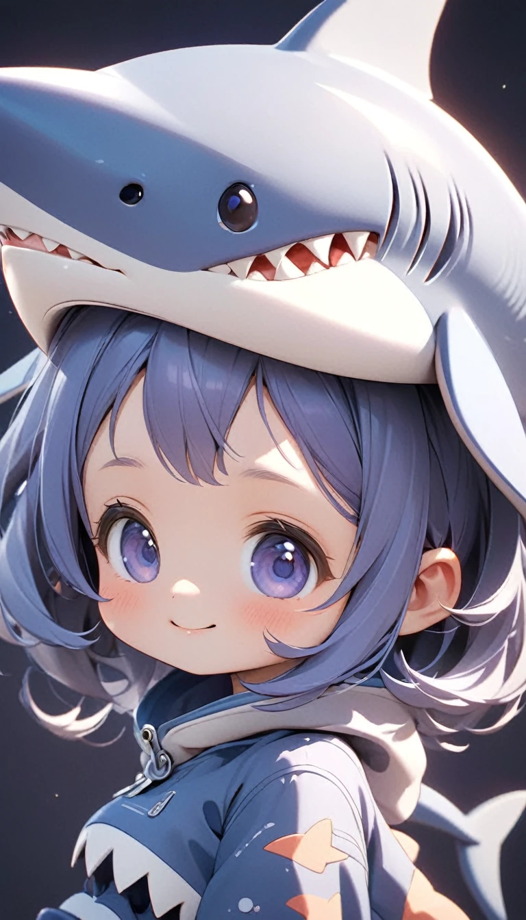 A cute little girl, Wearing a cute indigo shark outfit, Tilt your head and look at people with a smile.Close-up of character( Perfect anatomical structure )The whole body is perfectly presented and beautiful and the texture is extremely delicate,detailed, bright, Animation style high definition and high quality presentation