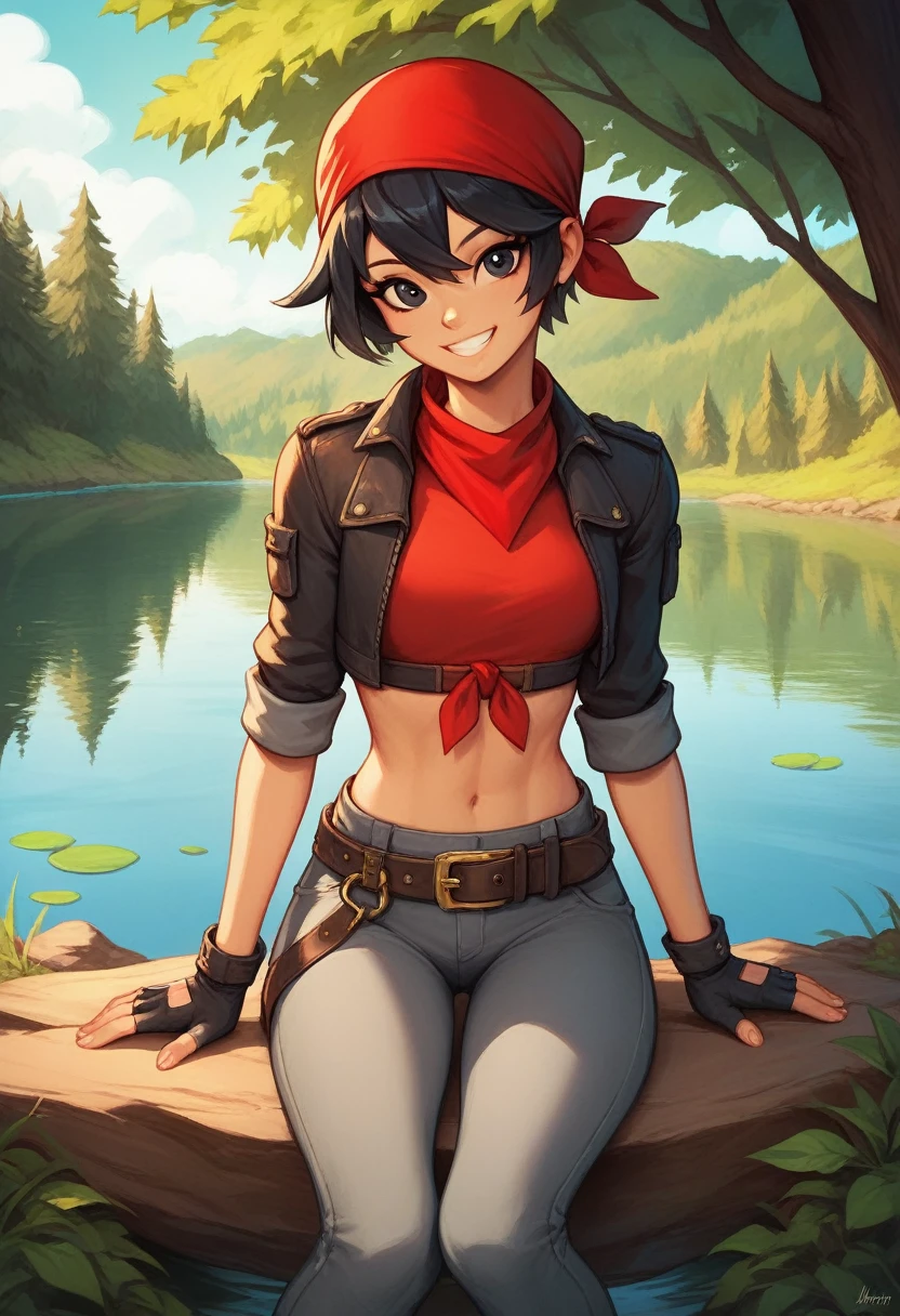 pan,black eyes,,short black hair,bangs,bandana, red shirt,midriff,belt,gray pants, fingerless gloves, looking at viewer, smiling, teeth, sitting, on large rock, outside, trees, lake, sunny, high quality, masterpiece