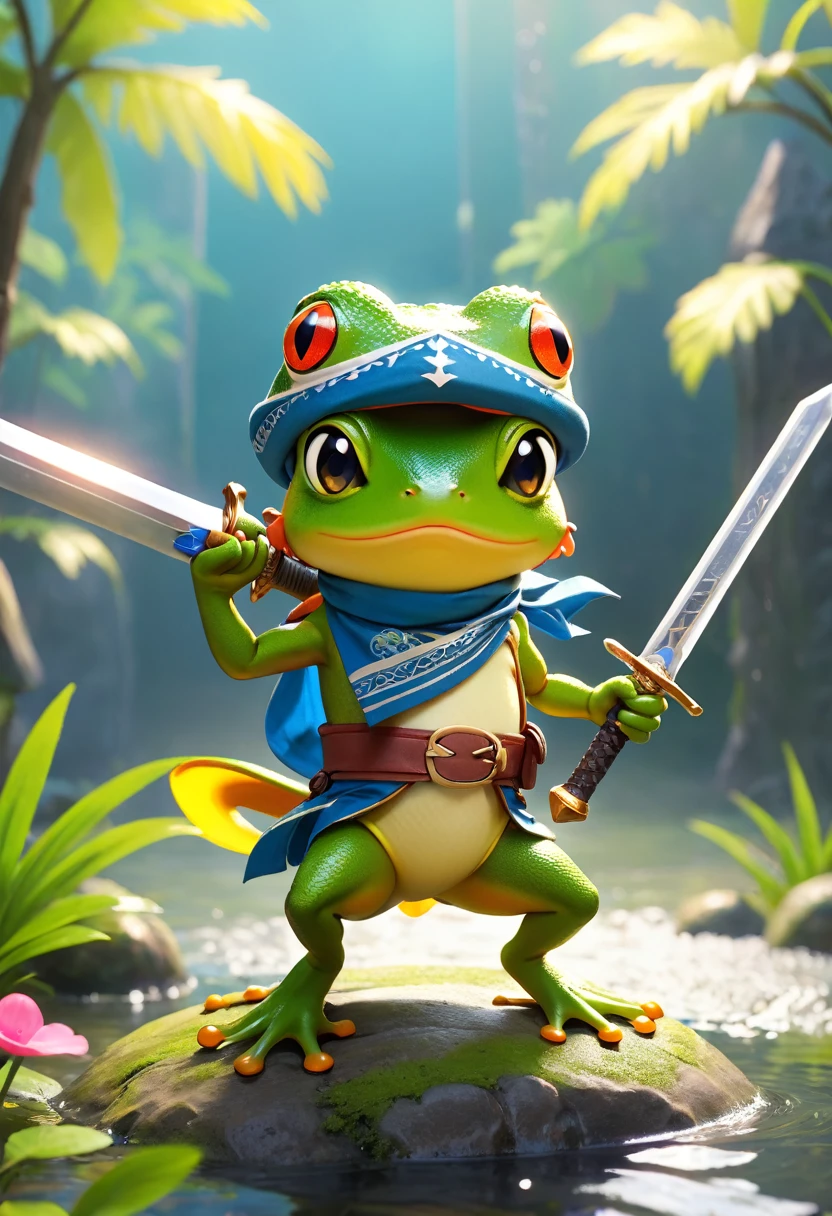 Esbian all over、Cool Frog、Pop Frog、Diorama、Simple Background、bandana、Holding a big sword in his hand、Brave、Best Quality, Capture the cutest moments, Depth of written boundary, Super detailed, Ultra-high resolution, Octadale, 8k, 16km race