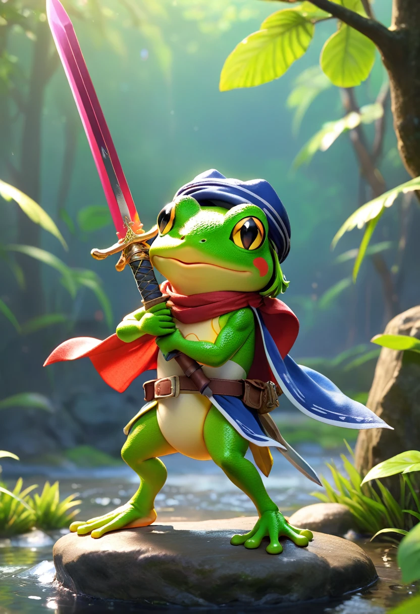 Esbian all over、Cool Frog、Pop Frog、Diorama、Simple Background、bandana、Holding a big sword in his hand、Brave、Best Quality, Capture the cutest moments, Depth of written boundary, Super detailed, Ultra-high resolution, Octadale, 8k, 16km race