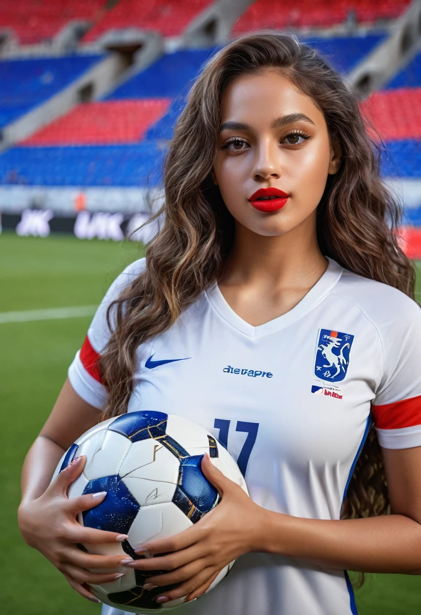 8k, extremely detailed hands and face, clear grey eyes, beautiful mixed girl, Long slightly wavy hair, extremely detailed full curvy body, beautiful chest,football, Euro Championship, red lipstick, sexy France jersey, stadium, vibrant colors, natural lighting, (best quality,4k,,highres, masterpiece:1.2),ultra-detailed,(realistic,photorealistic,photo-realistic:1.37),portrait,landscape