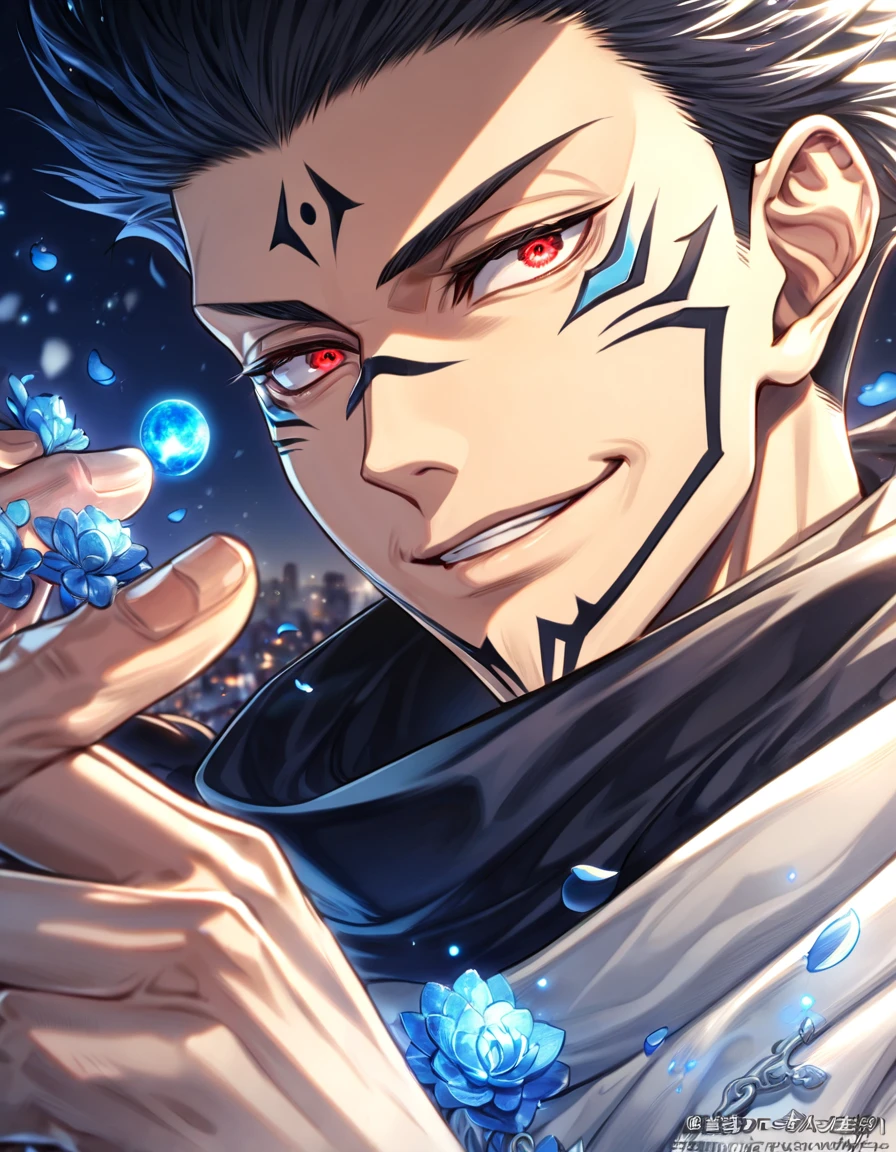 Ultra detailed, highres, absurdres, HDR, master piece, Ryomen Sukuna, black hair, expressive red eyes, Jujutsu Kaisen, blue petals, black scarf, man, solo, best quality, blue flowers, blue shining fireflies, fantasy, magical, handsome, blue moon, white kimono, smirking,