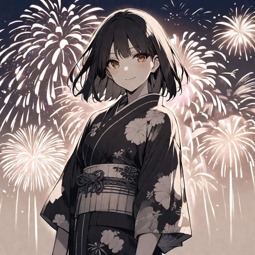 solo, handsome, monotone,
1. Female,
Hime cut,Straight Hair,Bob Hair,
black hair,
Nakano Yotsuba,
brown Eyes,Soft look,beautiful,beautiful,Sexy,Darkness,Lolita,
smile,skin,
yukata (a Japanese yukata),
firework background,
