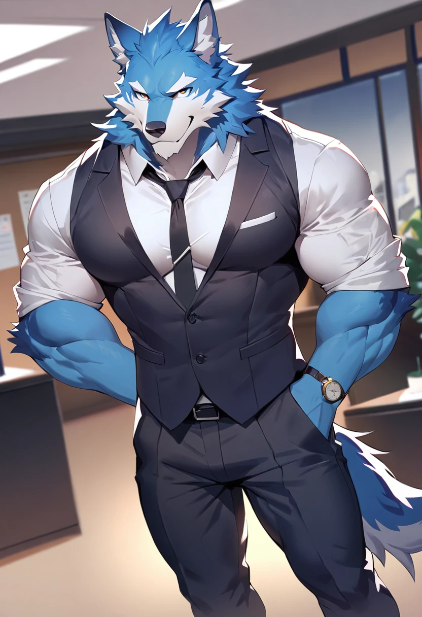 fenrir, wolf, 1boys, male, solo, dark blue fur, muscular, big tits, pecs, cool face, middle aged, office attire, black tie, standing, front angle, office background