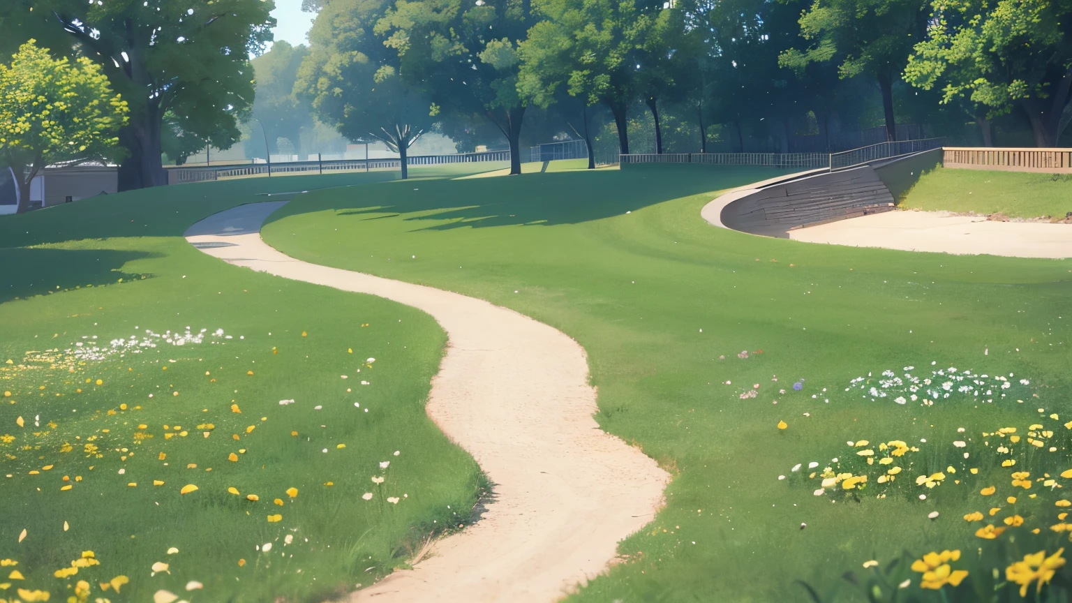 A park with a wide lawn