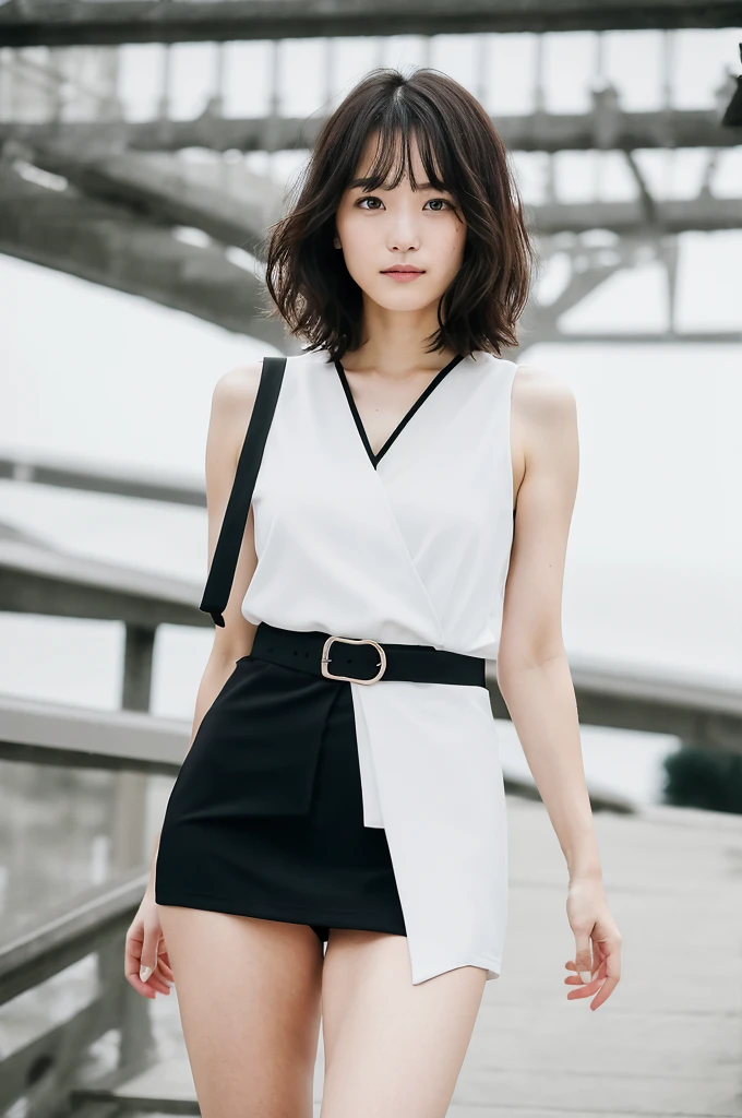 You are a professional photographer。 , short hair blown by the wind. She has a faint smile , Perfect Eyes, Perfect hands, Perfect body, Perfect Hair, Accurate身体, masterpiece, Accurate, Anatomically correct, Rough skin, Very detailed, Advanced Details, high quality, 最high quality, High resolution, 16K, 8K, Looking into the camera,Bold fitted dress、Thighs、Pearl White、Black panties