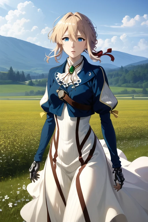 masterpiece, highest quality, High resolution, violet evergarden, Braid, hair ribbon, red ribbon, jewelry, white ascot, brooch, blue jacket, long sleeve, mechanical hand, white dress, long dress, outdoor, field, Wind, floating hair, Are standing, cowboy shot,