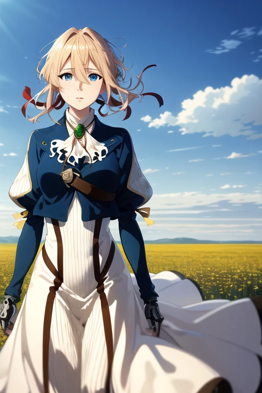 masterpiece, highest quality, High resolution, violet evergarden, Braid, hair ribbon, red ribbon, jewelry, white ascot, brooch, blue jacket, long sleeve, mechanical hand, white dress, long dress, outdoor, field, Wind, floating hair, Are standing, cowboy shot,