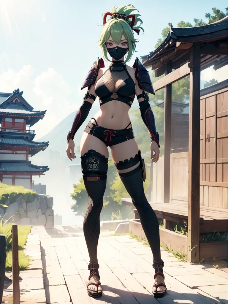 ((1girl, solo)), (((cowboy shot))), (legs apart:1.5), standing, beautiful body, ((perfect anatomy, perfect body, perfect legs)), (perfect hands:1.5), natural proportions, sexy body, (large breasts:1.5), (full body, full-body shot, full body front:1.5) BREAK
((extremely detailed face)), (beautiful detailed eyes:1.6), (realistic pupils, realistic iris:1), expressive eyes, looking at viewer, (clear eyes:1.3), (hyperrealistic:1.2), (detailed skin texture:1.2), smooth skin, kuki shinobu, purple eyes, green hair, ((mouth mask)), perfect face, perfect eyes BREAK
ninja, (revealing clothes:1.5), (samurai armor:1.5), (fishnet top:1.5), (crop top:1.5), cleavage, (shoulder armor:1.3), (arm guard:1.5), partially fingerless gloves, midriff, (short shorts:1.5), black shorts, ((black thighhighs)), (((greaves))), (highleg:1.5), thighs, ass visible through thighs, sandals, tassel BREAK
outdoor, day, japanese building, east asian architecture BREAK
(masterpiece:1.5), anime-style, top quality, best quality, (beautiful and aesthetic:1.2), (ultra detail:1.5), Ultra-detailed depiction, Ultra-precise depiction, extremely detailed 8k illustration, high resolution, (highly detailed shading:1.2), (realistic lighting:1.4), perfect lighting, vibrant colors, dynamic tones, striking hues, 8k, absurd resolution, perfect shadows, hdr, UHD, ambient lighting, realistic, ultra-realistic, photo realistic, highly detailed, rich detail, luminous colors, fine texture, intricate design, professional illustration, (soft light:1.2), (illustration:0.7)
