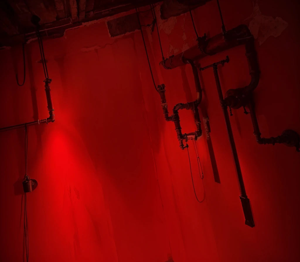 indoors,Old walls and water pipes,{{red theme}},{dim},dungeon,SM tools hanging on the wall
