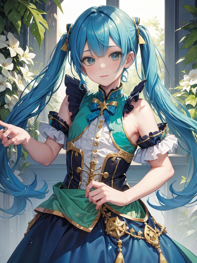 1boy, ((blue hair)), beautiful boy, ((green eyes)), idol costume, dress, ((twintail))