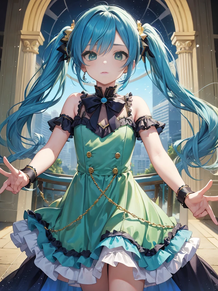 1boy, ((blue hair)), beautiful boy, ((green eyes)), idol costume, dress, ((twintail))