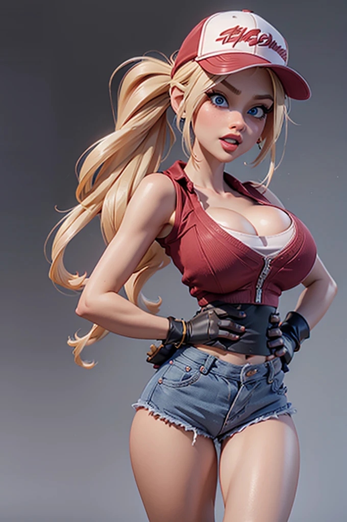 (masterpiece), best quality, expressive eyes, perfect face, highres, (8k), (perfect face), (ultra details), 1 girl, solo, terry bogard girl, blonde hair, ponytail, blue eyes, long hair, baseball cap, fingerless gloves, denim shorts, shoes, hands on own chest
, blushing, frightened, anguished, open-mouthed, room background, no posing, standing, portrait, looking down