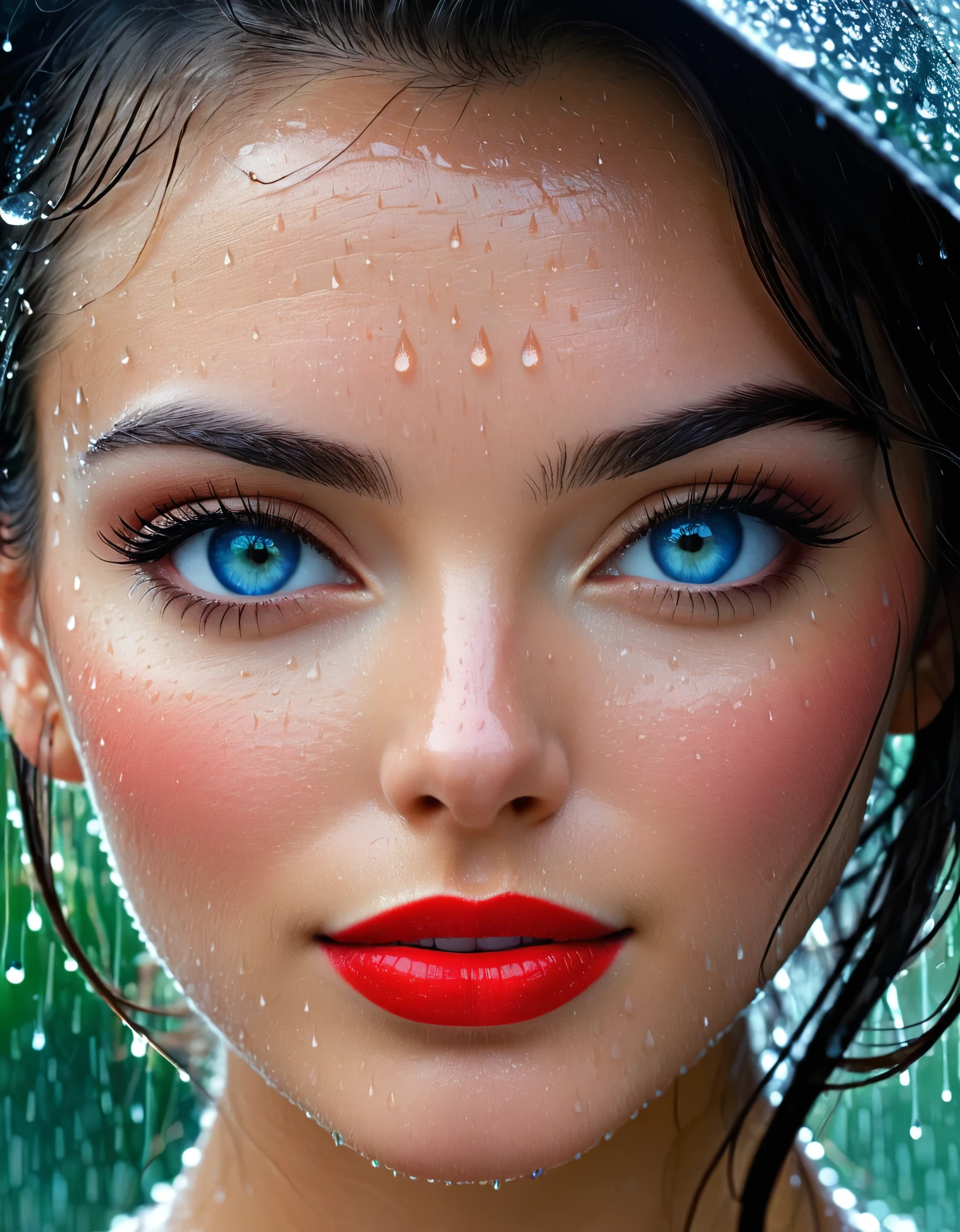 Subject/Theme: Extreme closeup shot of a beautiful woman's face.

Style: Extreme Closeup Shot

Scene Description:

Ambiance: Mid-day with rain falling
Weather Condition: Rainy
Camera Shot Type: Extreme Closeup
Camera Lens: EE 85mm for detailed facial features
Additional Details:

Model's Features: Black hair, blue eyes, red lipstick
Facing: Directly towards the camera
Lighting: Natural mid-day light, enhanced by the raindrops
Rain Detail: Visible raindrops on the woman's face, capturing the essence of the rainstorm
Expression: Captivating and perhaps reflective of the rain's mood
Keywords for Detail and Resolution:

Extreme Closeup, High Detail, Sharp Image, Rainy, Mid-day, EE 85mm, Blue Eyes, Red Lipstick, Natural Lighting