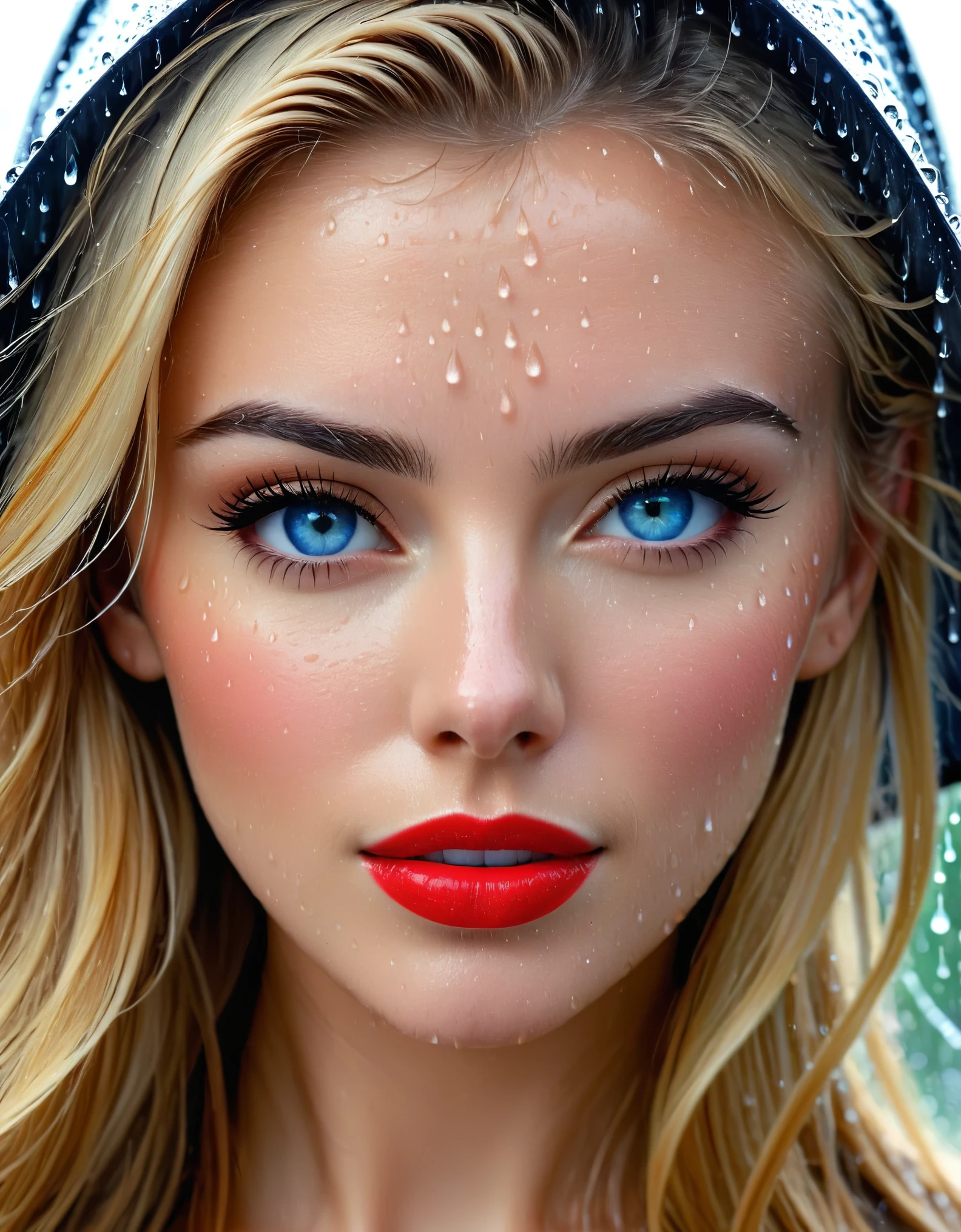 Subject/Theme: Extreme closeup shot of a beautiful woman's face.
Style: Extreme Closeup Shot
Scene Description:
Ambiance: Mid-day with rain falling
Weather Condition: Rainy
Camera Shot Type: Extreme Closeup
Camera Lens: EE 85mm for detailed facial features
Additional Details:
Model's Features: Blonde hair, blue eyes, red lipstick
Facing: Directly towards the camera
Lighting: Natural mid-day light, enhanced by the raindrops
Rain Detail: Visible raindrops on the woman's face, capturing the essence of the rainstorm
Expression: Captivating and perhaps reflective of the rain's mood
Keywords for Detail and Resolution:
Extreme Closeup, High Detail, Sharp Image, Rainy, Mid-day, EE 85mm, Blue Eyes, Red Lipstick, Natural Lighting