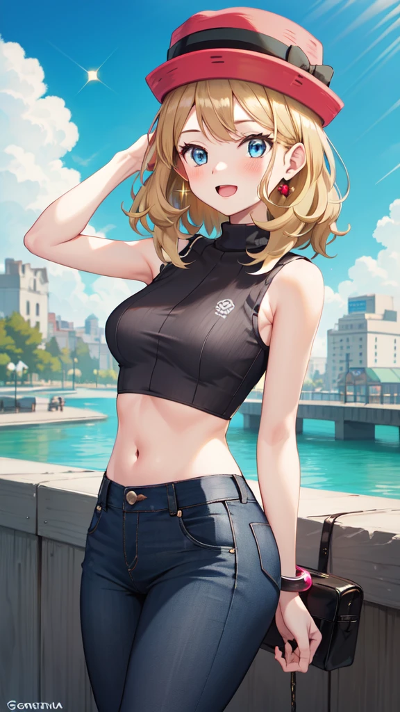 gonzarez, masterpiece, Serenaj, 1girl, grey headwear, solo, jewelry, thighhighs, bra , jeans, smile, sweater vest, blonde hair, , blue eyes, sleeveless, open mouth, eyelashes, vest, blush, bangs, breasts, medium hair, bracelet, looking at viewer, outdoors, black thighhighs, brown thighhighs, sky, day, sparkle, light, black jeans , pink vest, park , cowboy shot,  
