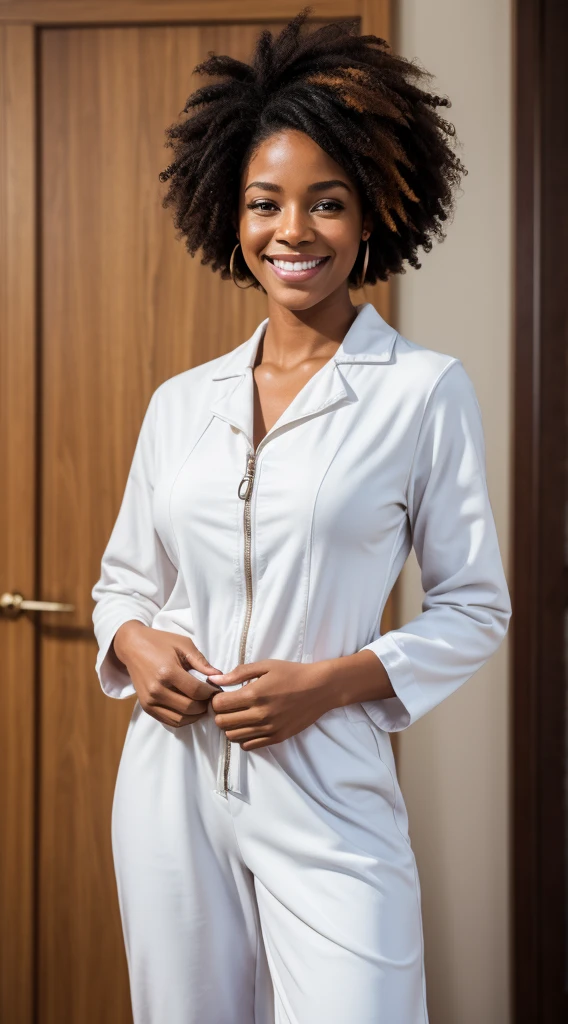 The massage therapist afro woman. smiling. white nurse jumpsuit. Realistic photo. 50/50 1girl. high quality, real photo. 4k.