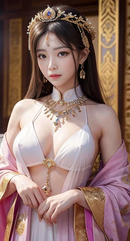 Beautiful female emperor, Transparent muscle, Beautiful appearance, There is deep wisdom in her eyes, that&#39;It&#39;s as if she sees the whole world, Wearing a luxurious white robe, Long sword, A robe fluttering in the wind and silver hair fluttering in the wind, The white robe perfectly complements her elegant figure.., The attitude is calm and idyllic, Like a perfect fairy, Yasutomo Oka&#39;s painting style, Big Breasts, Add light purple and purple, Add Light Red, Intricate details, Splash screen, 8K resolution, masterpiece, Cute Face, Big temple, mysterious magic circle background, Geometric mural, Colorful background, aura, Sharp eyes, break, blonde, Strong winds, lightning, Grenade, We buy, Arabic