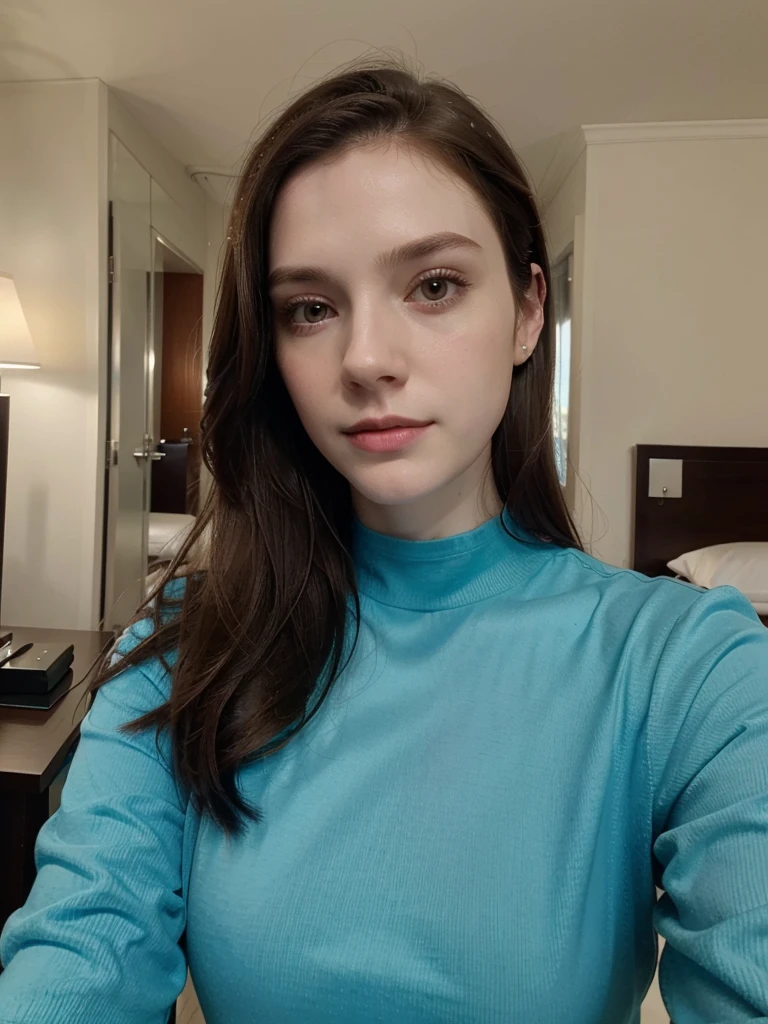 Selfie, Ultrarealistic, (pale skin), dark brown hair, blue long sleeve top, upper body, hotel room, (selfy with front camera)