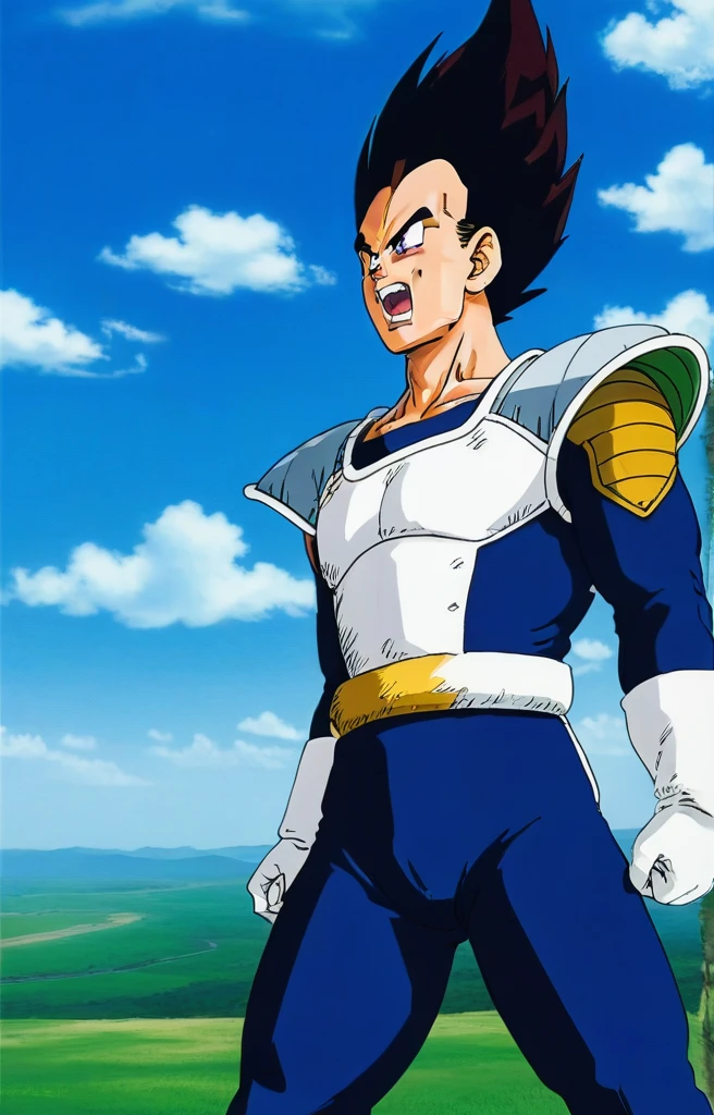 score_9, score_8_up, score_7_up, source_anime, anime screencap, BREAK, vegeta, solo, open mouth, black hair, gloves, 1boy, tail, male focus, outdoors, sky, teeth, day, cloud, white gloves, armor, blue sky, grass, spiked hair, saiyan armor, blue bodysuit, angry, shouting, monkey tail, plate shielding, tail belt, v-shaped eyebrows, full body, charging aura, ki, power up, (speed line, rage, motion line, motion blur), RageModeV4XL