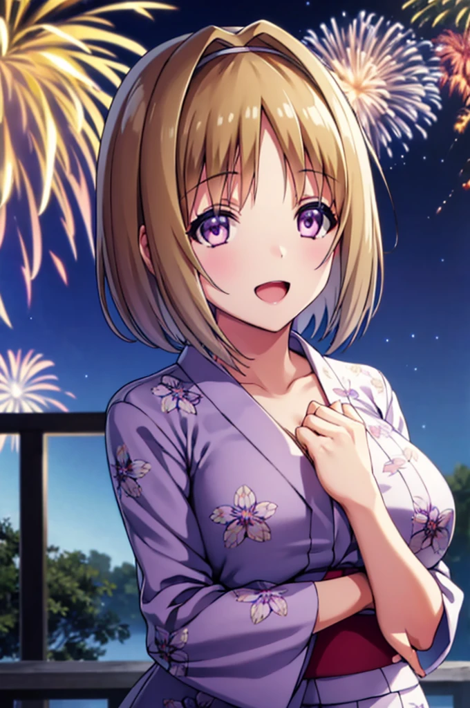 (masterpiece:1.3), (best quality:1.1), (8k, ultra detailed, ultra high res:1.2), ((anime style)), (perfect 5 fingers, perfect anatomy:1.1), 
1girl,
Kushida Kikyou, smile, open mouth, (hand on own chest:1.1), 
BREAK short hair, bronze hair, purple eyes,
large breasts, looking at viewer, cowboy shot, BREAK detail background, outdoor, outside, (floral pattern yukata:1.2), (late night:1.1), sky, (fireworks in night sky:1.1), (night sky:1.1), big fireworks, 