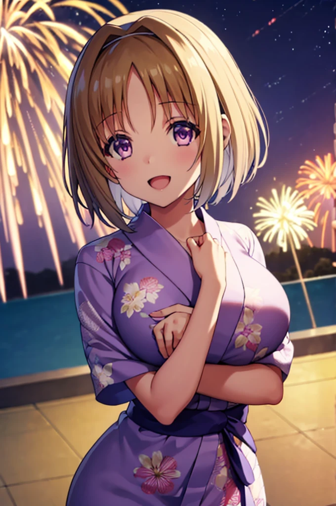 (masterpiece:1.3), (best quality:1.1), (8k, ultra detailed, ultra high res:1.2), ((anime style)), (perfect 5 fingers, perfect anatomy:1.1), 
1girl,
Kushida Kikyou, smile, open mouth, (hand on own chest:1.1), 
BREAK short hair, bronze hair, purple eyes,
large breasts, looking at viewer, cowboy shot, BREAK detail background, outdoor, outside, (floral pattern yukata:1.2), (late night:1.1), sky, (fireworks in night sky:1.1), (night sky:1.1), big fireworks, 