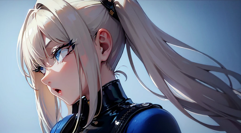 Blonde、back view,profile、1 person、No sleeve、ahegao、ponytail、blondes、amount、Blue Leather Shirt、sara、No sleeve、best quality, super fine illustration,(((beautiful fine hair))),(((beautiful fine face))),(((beautiful fine background))),blue-black leather pants, silver zipper,belt below the waist,super fine illustration,(((beautiful fine hair))),(((beautiful fine face))),(((beautiful fine background))),normal small size,bangs bangs ,(((beautiful fine hair))),(((beautiful fine face))),(((beautiful fine background))),blond hair , showing forehead, silver center zipper, leather blue black bodysuit, sleevelesblue blacks, shiny, blondes ponytail