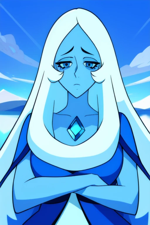 (8k) (high res) (best quality) (masterpiece) blue_diamond, white hair,long hair, blue skin,colored skin,  blue eyes, gem, blue dress, upper body, lake, blue cloaked 