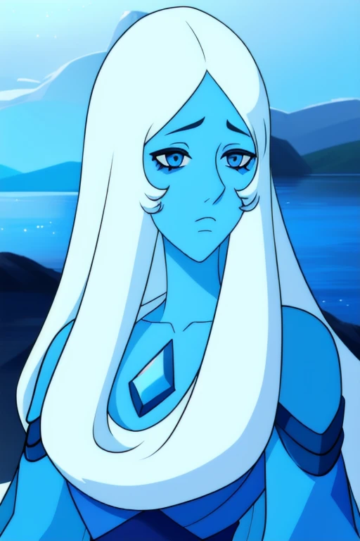 (8k) (high res) (best quality) (masterpiece) blue_diamond, white hair,long hair, blue skin,colored skin,  blue eyes, gem, blue dress, upper body, lake, blue cloaked 