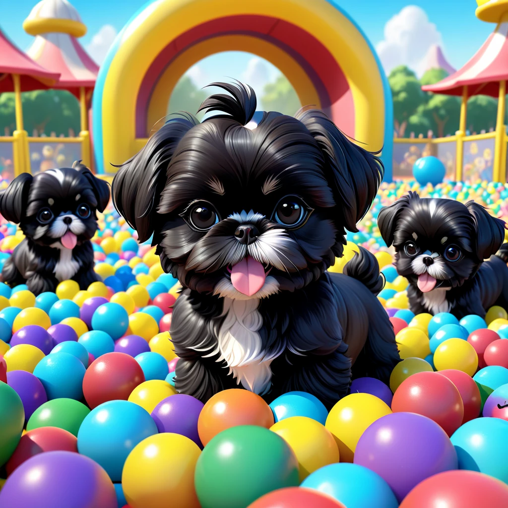 2 Adorable small black Shih Tzu puppies wearing sunglasses playing in ball pit at dog park Disney background 3d cartoon 3d render disney pixar style