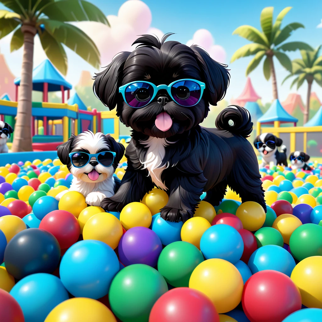 2 Adorable small black Shih Tzu puppies wearing sunglasses playing in ball pit at dog park Disney background 3d cartoon 3d render disney pixar style