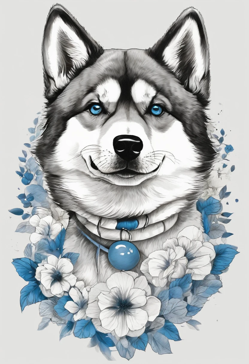 "Dynamic ink brushstroke style, black and white only: illustration by a professional illustrator, featuring a cute wolf pup or Shiba Inu, action shot, high detail, white background, A happy and pleased dog with blue eyes. SHIBA DOG with blue eyes. A blue-eyed Shiba Inu. Very realistic depiction of the fur. Surreal expression. A design for an accessory with an artistic circle motif. The whiskers are distinctive.、Realistic whiskers drawn Blue eyes Whiskers Japanese dog Japanese style design