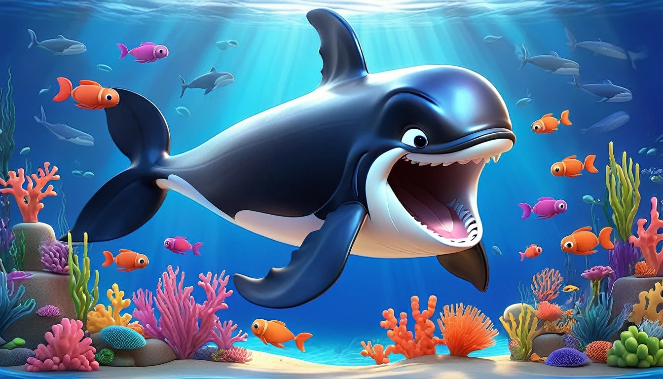 Create a 3-D Pixar style art scene for kids featuring a whale eating krill with lots of tiny shrimp-like creatures around it. The scene should be colorful and vibrant, with an ocean background, coral reefs, and schools of fish. The overall mood should be engaging and inviting for young children.