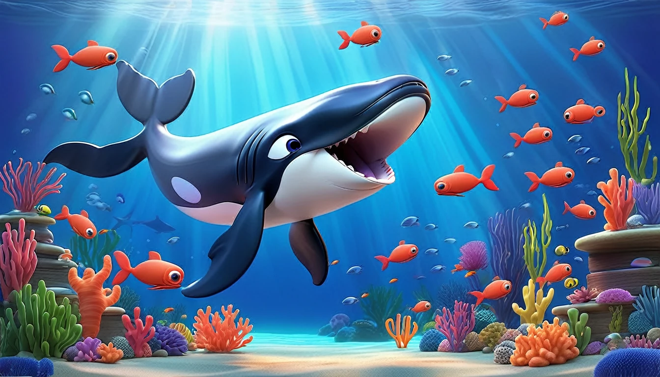 Create a 3-D Pixar style art scene for kids featuring a whale eating krill with lots of tiny shrimp-like creatures around it. The scene should be colorful and vibrant, with an ocean background, coral reefs, and schools of fish. The overall mood should be engaging and inviting for  children.