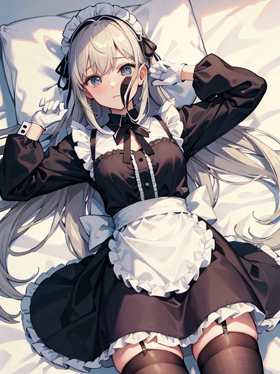 Highest quality、8K、Maid gets fucked hard、Black maid dress、Torn tights、apron、太ももやapronに付着した白い精子、Maid Headband、White gloves covering the arms、A bed with a maid on it、Leg spread、Lying on your back、Hurrah for your arms、Weakness、Tired look、Hot body、Rough white breath