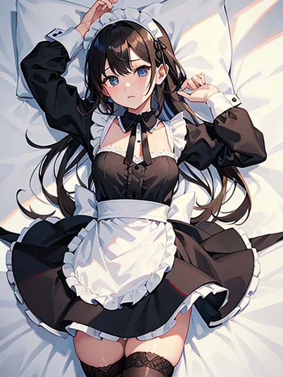 Highest quality、8K、Maid gets fucked hard、Black maid dress、Torn tights、apron、太ももやapronに付着した白い精子、Maid Headband、White gloves covering the arms、A bed with a maid on it、Leg spread、Lying on your back、Hurrah for your arms、Weakness、Tired look、Hot body、Rough white breath