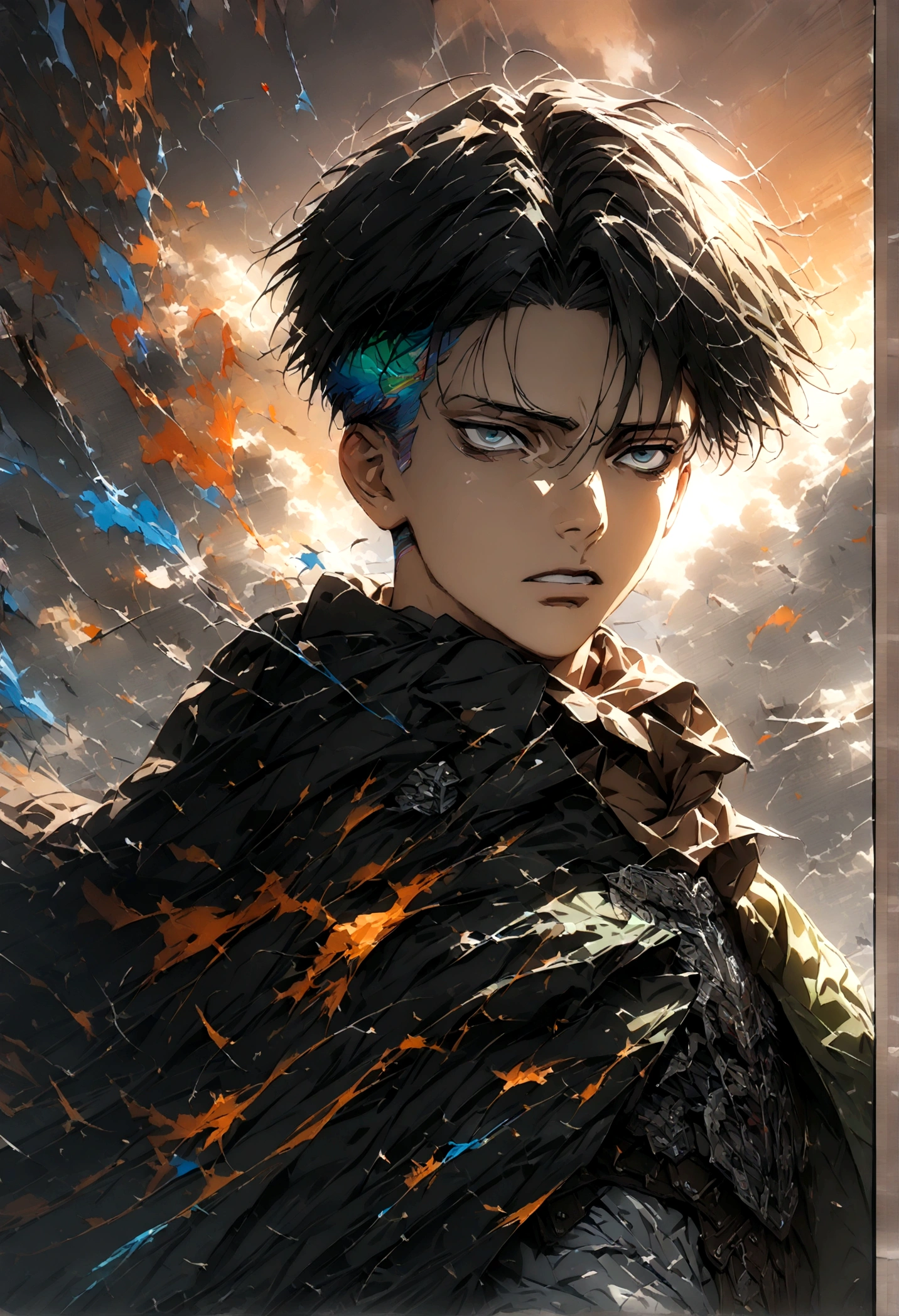 1 male,Levi Ackerman,Attack on Titan,,Intricate details,Wide range of colors,artwork,rendering,(masterpiece:1.3),(Highest quality:1.4),(Very detailedな:1.5),High resolution,Very detailed,unity 8k wallpaper,Decadent,Wind