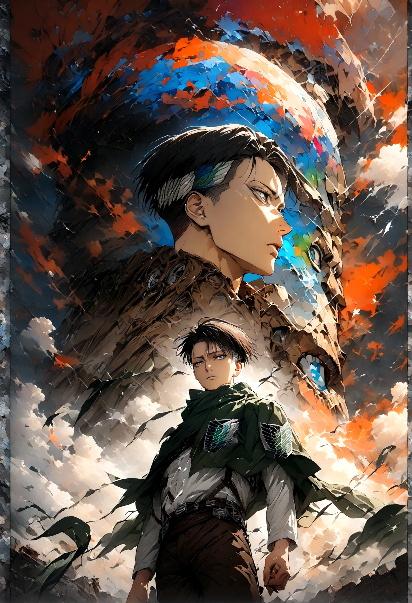 1 male,Levi Ackerman,Attack on Titan,,Intricate details,Wide range of colors,artwork,rendering,(masterpiece:1.3),(Highest quality:1.4),(Very detailedな:1.5),High resolution,Very detailed,unity 8k wallpaper,Decadent,Wind