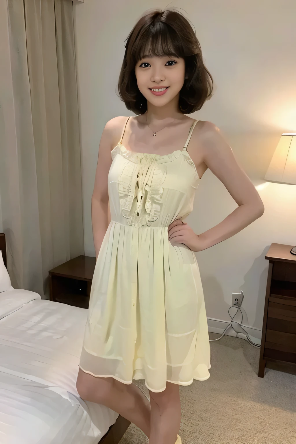 ((full body shot)),(wearing sundress:1.3),(bedroom of lovehotel), japanese lady, pale skin, droopy eyes, 28 year old,(brown hair),standing, high quality:1.3, shoot from below,Professional lighting:2.0 realistic:1.2, 4k resolution, detailed skin, masterpiece:1.1,smile,(chubby body),seikomatsuda,