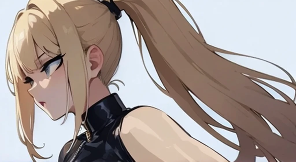 Blonde、back view,profile、1 person、No sleeve、ahegao、ponytail、blondes、amount、Blue Leather Shirt、sara、No sleeve、best quality, super fine illustration,(((beautiful fine hair))),(((beautiful fine face))),(((beautiful fine background))),blue-black leather pants, silver zipper,belt below the waist,super fine illustration,(((beautiful fine hair))),(((beautiful fine face))),(((beautiful fine background))),normal small size,bangs bangs ,(((beautiful fine hair))),(((beautiful fine face))),(((beautiful fine background))),blond hair , showing forehead, silver center zipper, leather blue black bodysuit, sleevelesblue blacks, shiny, blondes ponytail