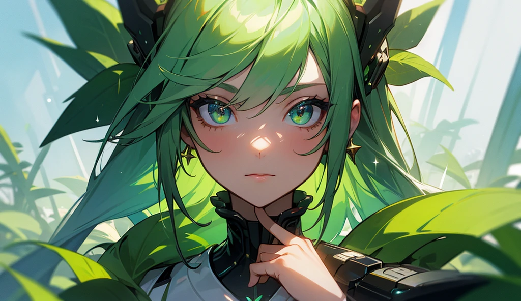 Masterpiece,woman,Sparkling eyes,green hair,future world,plant power