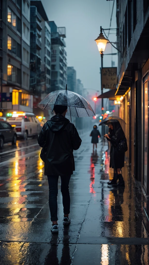 A rain-soaked sidewalk City of night
