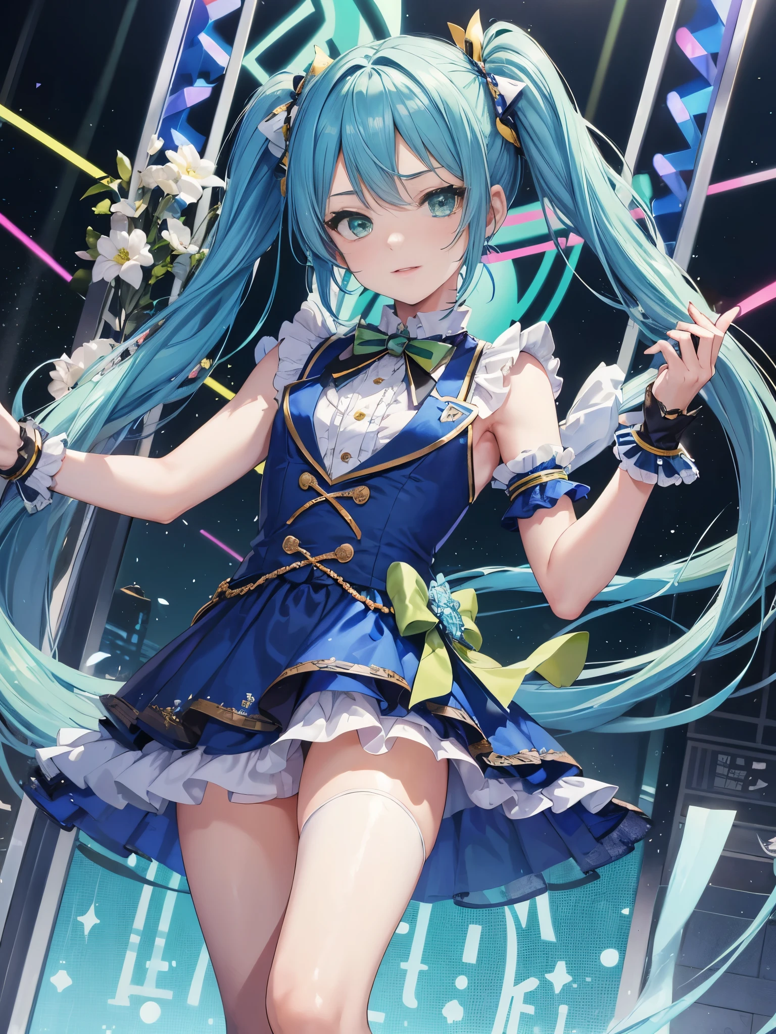 1boy, ((blue hair)), beautiful boy, ((green eyes)), idol costume, dress, ((twintail))